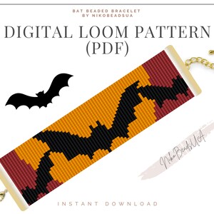 May include: Digital loom pattern for a beaded bracelet featuring a black bat design on an orange and red background. The pattern is available as a PDF download. The text "DIGITAL LOOM PATTERN (PDF)" is displayed at the top of the image.