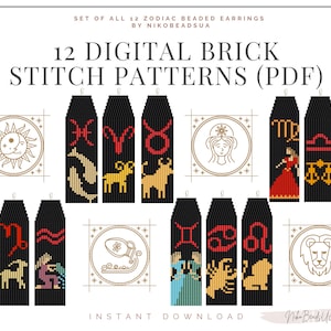 May include: Twelve digital brick stitch patterns for beaded earrings featuring all twelve zodiac signs. The patterns are in PDF format and are available for instant download.