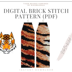 Tiger Brick Stitch pattern for fringe beaded earrings, animal pattern, tiger skin pdf, DIY beaded earrings pattern for Miyuki Delica