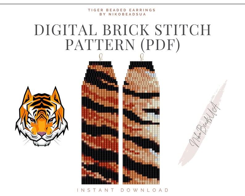 Tiger Brick Stitch Pattern for Fringe Beaded Earrings, Animal Pattern ...
