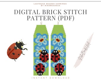 Ladybug Brick Stitch pattern for fringe beaded earrings, spring pattern, DIY beaded earrings pattern for Miyuki Delica