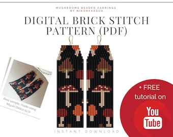 May include: Digital brick stitch pattern for beaded earrings featuring a mushroom design. The pattern is available as a PDF download and includes a free tutorial on YouTube.