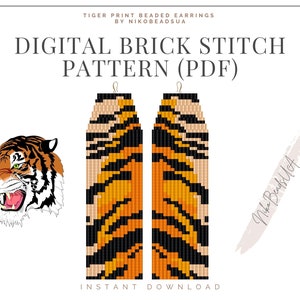 Tiger Print Brick Stitch pattern for fringe beaded earrings, animal pattern, DIY beaded earrings pattern for Miyuki Delica