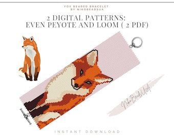 Fox even peyote and loom patterns for beaded bracelet, animal pattern, DIY beaded bracelet pattern for Miyuki Delica