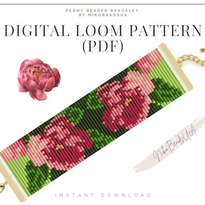 Peony Loom pattern for beaded bracelet, flower pattern, DIY beaded bracelet pattern for Miyuki Delica