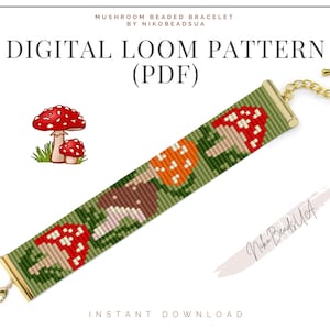 Könnte beinhalten: Digitales Webmuster für ein Perlenarmband mit Pilzmotiv. Das Armband ist grün, braun, orange, weiß und rot. Das Muster ist als PDF-Download verfügbar.  "Mushroom Beaded Bracelet by NikoBeadsUA" und "Sofort-Download" sind auf dem Bild gedruckt.