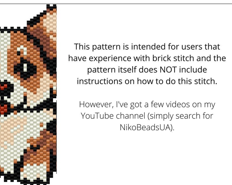 Puede incluir: Un patr&oacute;n de pixel art de un perro corgi con colores marr&oacute;n, blanco y negro. El patr&oacute;n est&aacute; pensado para usuarios con experiencia en punto de ladrillo. El patr&oacute;n no incluye instrucciones sobre c&oacute;mo hacer este punto. Sin embargo, hay videos en el canal de YouTube NikoBeadsUA.