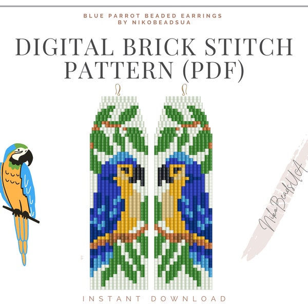 Blue Parrot Brick Stitch pattern for fringe beaded earrings, tropical pattern, DIY beaded earrings pattern for Miyuki Delica