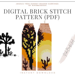May include: Digital brick stitch pattern for beaded earrings featuring a Joshua Tree silhouette against a sunset background. The pattern is available as a PDF download. The text "Nika Beads UA" is visible in the image.