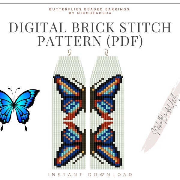 Butterflies Brick Stitch pattern for fringe beaded earrings, symmetrical pattern, DIY beaded earrings pattern for Miyuki Delica