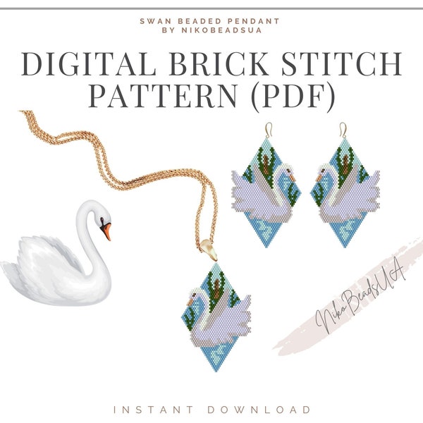 Swan Brick Stitch pattern for beaded earrings, keychain or pendant, DIY beaded earrings pattern for Miyuki Delica