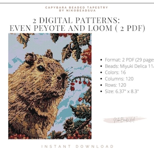 May include: A digital pattern for a beaded tapestry of a capybara in a forest setting. The pattern is available in two formats: even peyote and loom, and includes 16 colors, 120 columns, and 120 rows. The finished tapestry measures 6.37 inches by 8.3 inches.