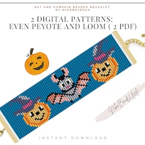 Halloween Bat & Pumpkin peyote and loom patterns for beaded bracelet, animal pattern, DIY beaded bracelet pattern for Miyuki Delica