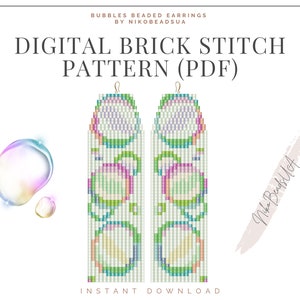 Puede incluir: Patrón de punto de ladrillo digital para pendientes de cuentas con un diseño de burbujas. El patrón está en formato PDF e incluye una variedad de colores, como rosa, verde, azul y blanco.