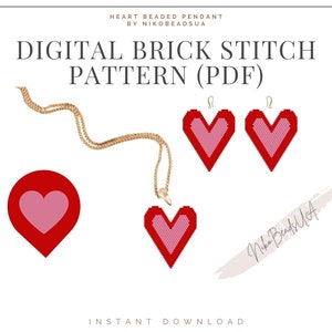 May include: Digital brick stitch pattern for a heart-shaped beaded pendant. The pattern is available as a PDF download. The image shows three hearts, two small ones and one large one, all with a red outline and a pink center.