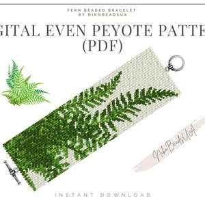 Puede incluir: Un patrón de descarga digital para un brazalete de cuentas con un diseño de helecho. El patrón es para punto de peyote par y está disponible como archivo PDF. La imagen muestra un brazalete de cuentas con un diseño de helecho, un primer plano de las cuentas y el texto "Patrón de peyote par digital (PDF)".