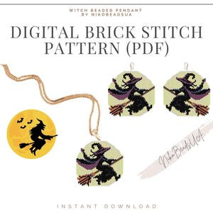 Könnte beinhalten: Digitales Ziegel-Stichmuster für einen Perlen-Anhänger mit einer Hexe. Das Muster zeigt eine Hexe, die auf einem Besen fliegt, mit einem Vollmond im Hintergrund. Das Muster ist als PDF-Download verfügbar.