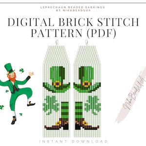 May include: Digital brick stitch pattern for beaded earrings featuring a leprechaun with a green hat, green pants, and a red beard. The pattern is for a pair of earrings, each with a green hat, green shamrocks, and green and brown boots. The pattern is available as a PDF download. The text "Nika Beads UA" is in the upper right corner of the image.