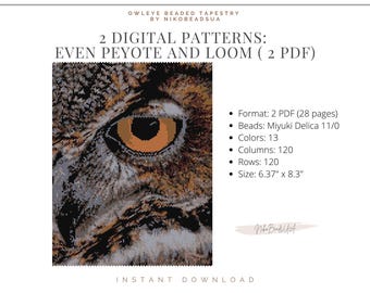 Owl Eye even peyote and loom patterns for beaded tapestry, animal pattern, DIY beading pattern for Miyuki Delica