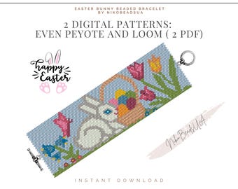 Easter bunny even peyote and loom patterns for beaded bracelet, bunny pattern, DIY beaded bracelet pattern for Miyuki Delica