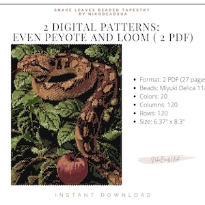 Snake in Leaves even peyote and loom patterns for beaded tapestry, animal pattern, DIY beading pattern for Miyuki Delica
