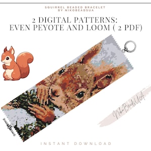 Może przedstawiać: Cyfrowy wzór na bransoletkę z koralików z motywem wiewiórki, zawierający instrukcje dla technik peyote i loom. Obraz zawiera ilustrację wiewiórki z kreskówek i tekst "NATYCHMIASTOWE POBIERANIE".