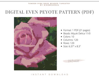 Tender Pink Rose even peyote pattern for beaded tapestry, floral pattern, DIY beading pattern for Miyuki Delica