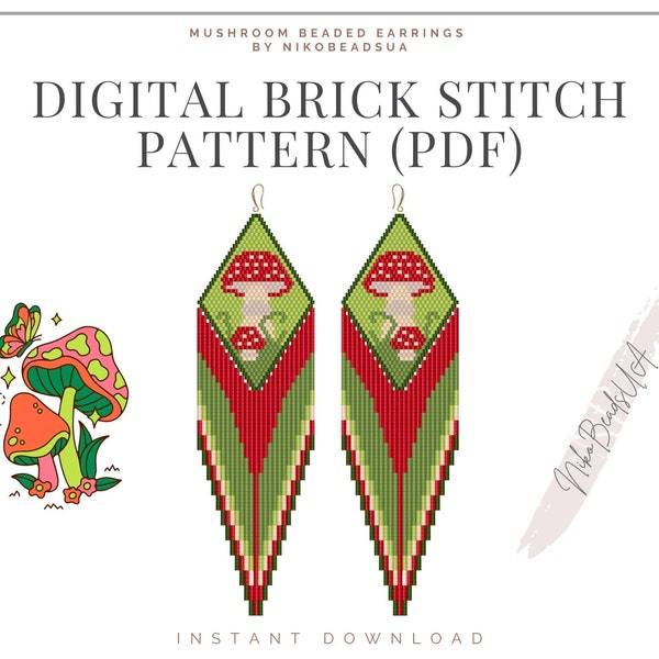 Mushroom Brick Stitch pattern for fringe beaded earrings, diamond fringe, DIY beaded earrings pattern for Miyuki Delica