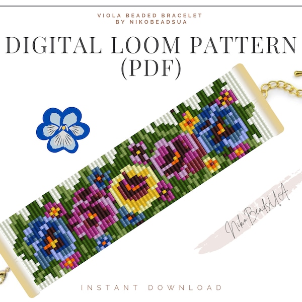 Viola Loom pattern for beaded bracelet, flower pattern, DIY beaded bracelet pattern for Miyuki Delica