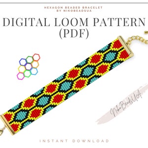 May include: A digital loom pattern for a hexagon beaded bracelet. The bracelet design features a repeating pattern of red, turquoise, and yellow beads. The text "DIGITAL LOOM PATTERN (PDF)" is displayed above the bracelet. The words "INSTANT DOWNLOAD" are at the bottom.