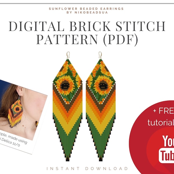 Sunflower Brick Stitch pattern for fringe beaded earrings, diamond fringe, DIY beaded earrings pattern for Miyuki Delica