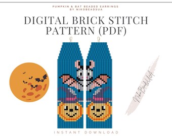 Halloween Pumpkin and Bat Brick Stitch pattern for fringe beaded earrings, Halloween pattern, DIY beaded earrings pattern for Miyuki Delica