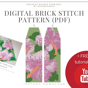 Hibiscus Brick Stitch pattern for fringe beaded earrings, Hawaiian pattern, DIY beaded earrings pattern for Miyuki Delica