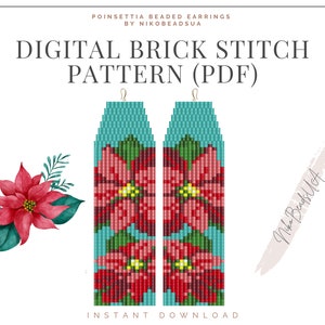 Poinsettia Brick Stitch pattern for fringe beaded earrings, Christmas pattern, DIY beaded earrings pattern for Miyuki Delica