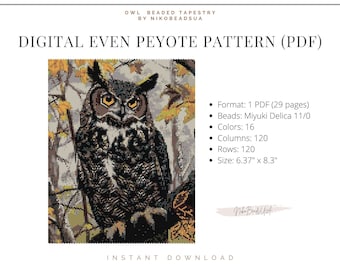Owl even peyote pattern for beaded tapestry, animal pattern, DIY beading pattern for Miyuki Delica