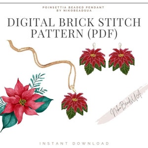 Poinsettia Brick Stitch pattern for beaded earrings, keychain or pendant, DIY beaded earrings pattern for Miyuki Delica