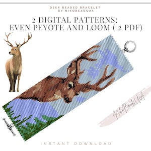 Puede incluir: Patrones digitales para un brazalete de cuentas de ciervo. Los patrones son para las técnicas de tejido de cuentas de peyote par y telar. La imagen muestra un ciervo con cuernos, un fondo azul y verde, y un cierre plateado.