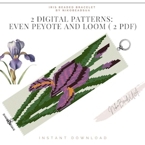 May include: A beaded bracelet pattern featuring an iris flower in shades of purple, green, and white. The pattern is available in two formats: even peyote and loom. The text "IRIS BEADED BRACELET BY NIKOBEADSUA" and "2 DIGITAL PATTERNS: EVEN PEYOTE AND LOOM (2 PDF)" is displayed on the image.