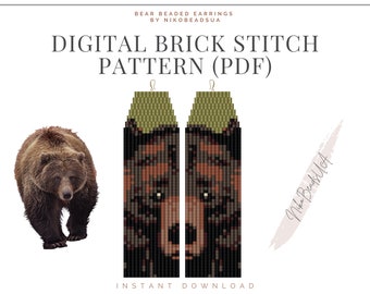 フリンジビーズイヤリング用のクマの顔のブリックステッチパターン、動物のパターン、ミユキデリカ用のDIYビーズイヤリングパターン