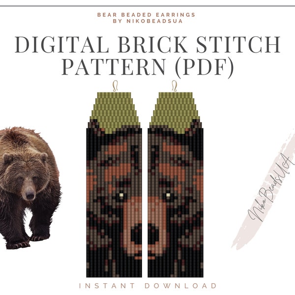 Bear Face Brick Stitch pattern for fringe beaded earrings, animal pattern, DIY beaded earrings pattern for Miyuki Delica