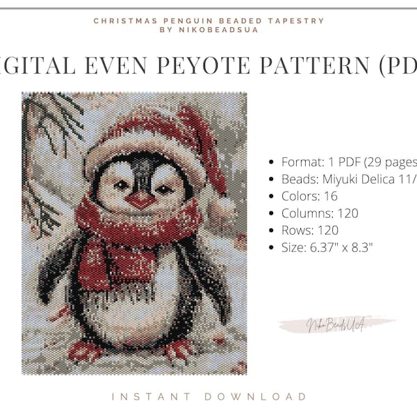 Christmas Penguin even peyote pattern for beaded tapestry, cute animal pattern, DIY beading pattern for Miyuki Delica