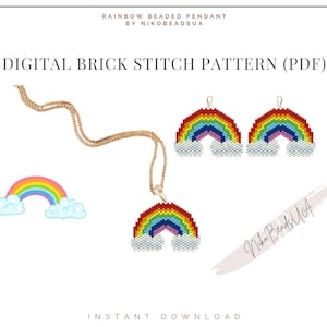 May include: Digital brick stitch pattern PDF for a rainbow beaded pendant and earrings. The pattern includes instructions for creating a rainbow with clouds, a pendant, and earrings.