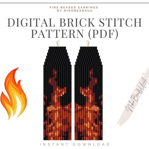 May include: Digital brick stitch pattern for beaded earrings in the shape of flames. The pattern is in black, orange, and red. The pattern is for instant download as a PDF.