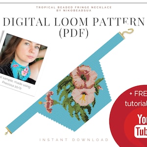 May include: A digital loom pattern for a tropical beaded fringe necklace with a floral design. The pattern is available as a PDF download and includes a free tutorial on YouTube.