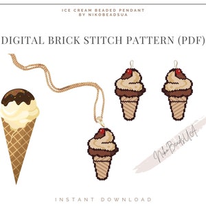 May include: Digital brick stitch pattern PDF for a beaded ice cream cone pendant and earrings. The pattern includes a brown and white ice cream cone with a red cherry on top.