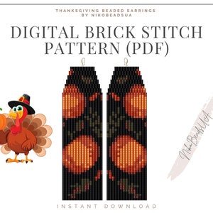 Thanksgiving Brick Stitch pattern for fringe beaded earrings, pumpkin pattern, halloween pdf, DIY beaded earrings pattern for Miyuki Delica