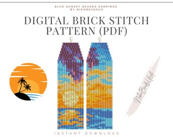 Patrón de puntada de ladrillo de puesta de sol azul para pendientes de cuentas con flecos, patrón de puesta de sol, patrón de pendientes de cuentas DIY para Miyuki Delica