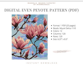 Magnolia even peyote pattern for beaded tapestry, floral pattern, DIY beading pattern for Miyuki Delica
