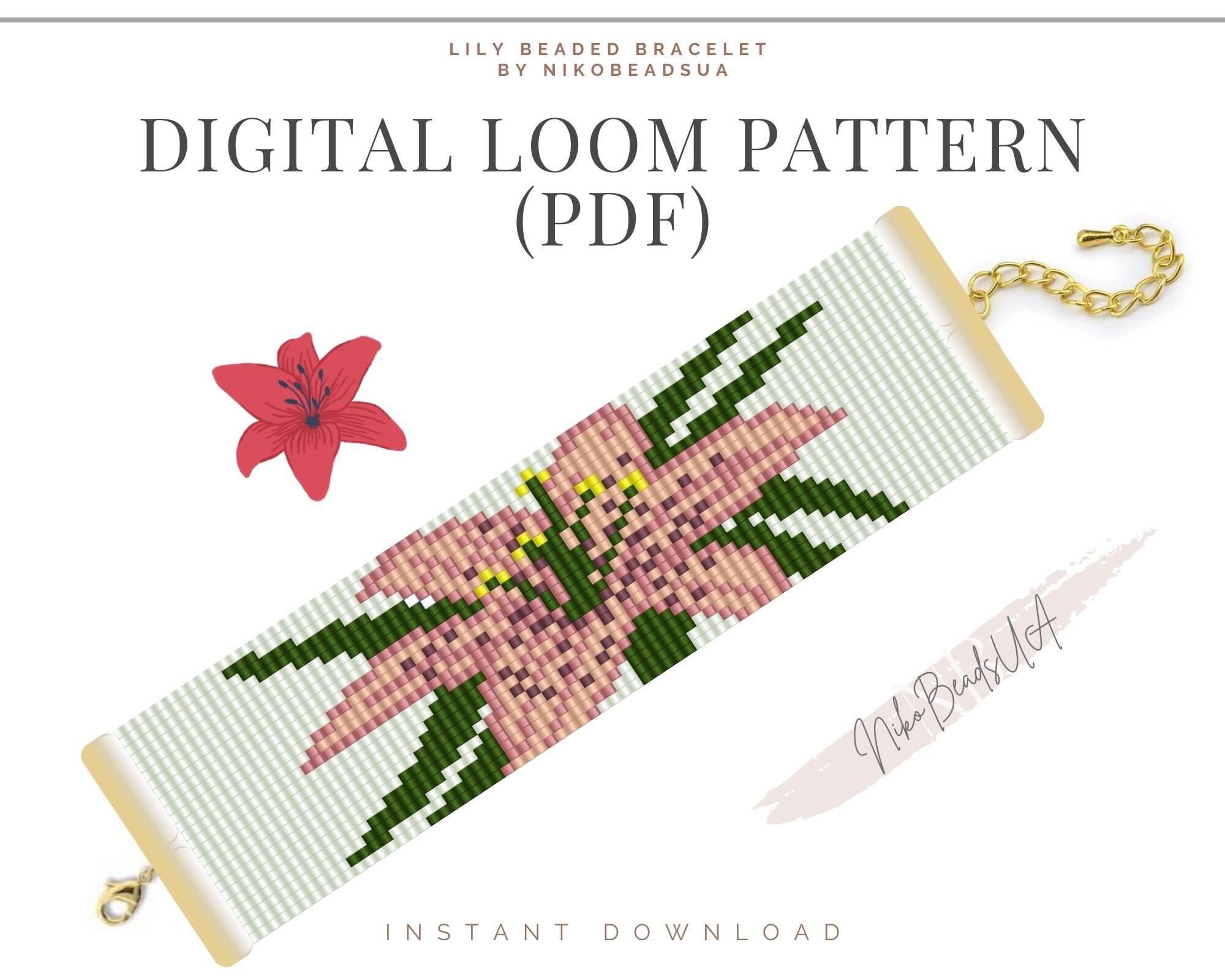 Bead Loom Pattern Flower With Gold LOOM Bracelet Pattern in PDF Instant  Download 