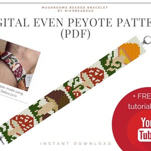 Mushrooms even peyote pattern for beaded bracelet, nature pattern, DIY beaded bracelet pattern for Miyuki Delica